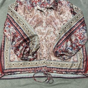 Cato Pink Graphic Tie Front Blouse with Mandarin Collar